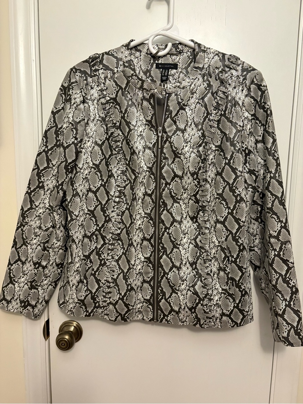 H by Halston Black & White Snake-Print Bomber Jacket with Whip Stitching